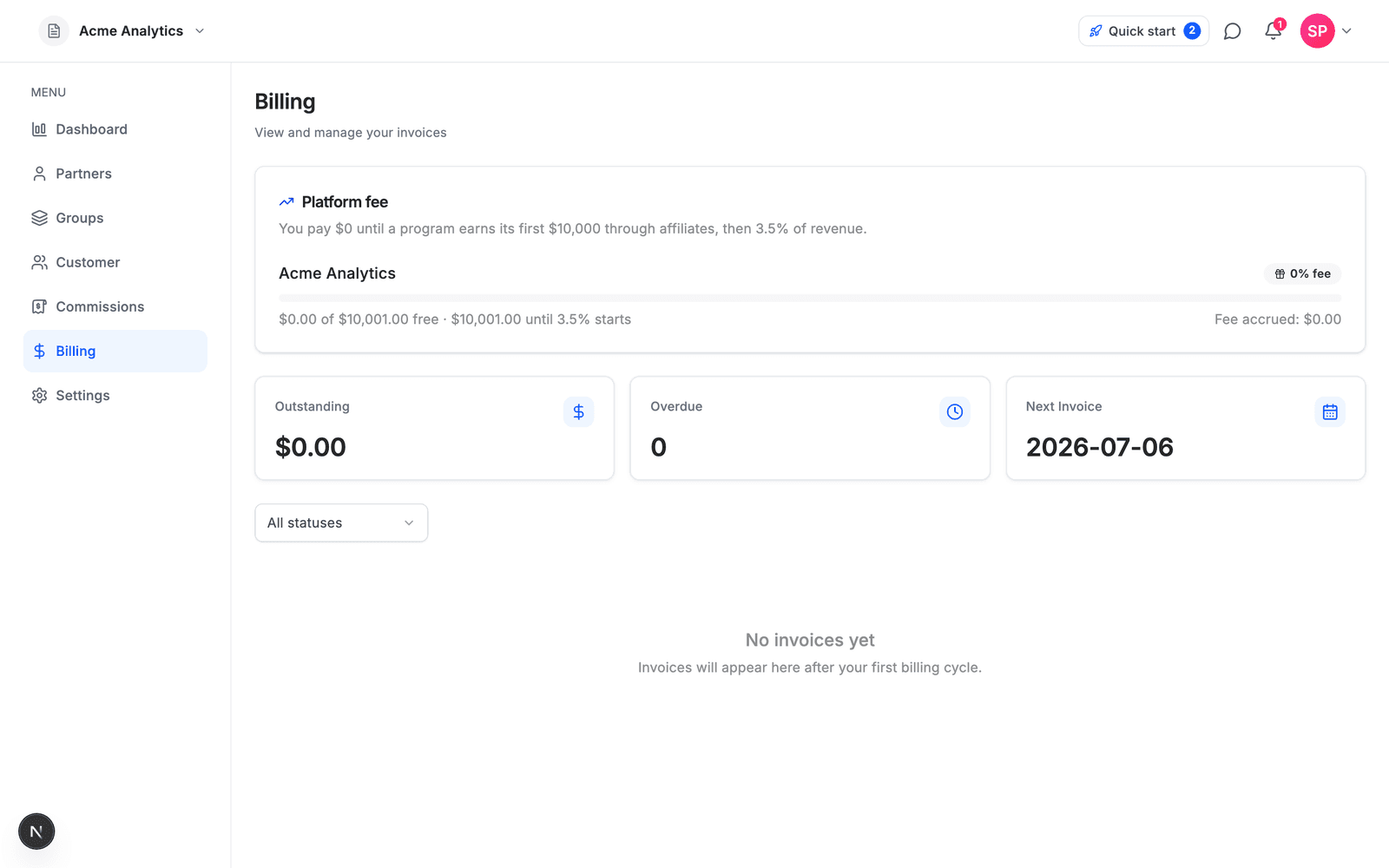 Billing — platform fee, outstanding balance, and your next invoice date