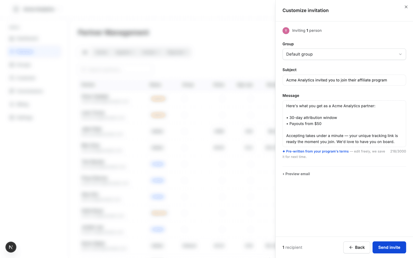 Invitations arrive pre-written from your program’s real terms
