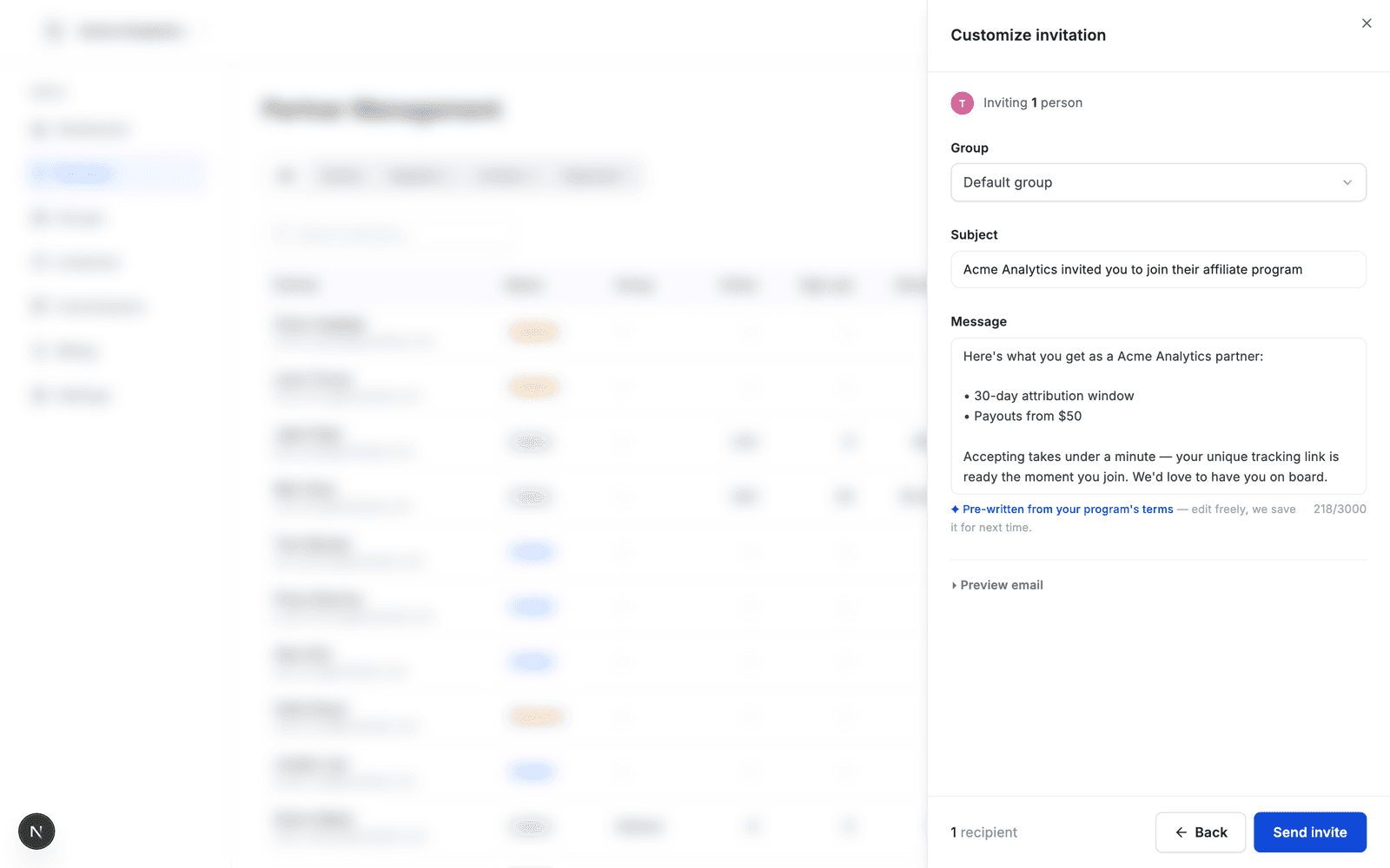 Invite partners with a pre-written, terms-based email