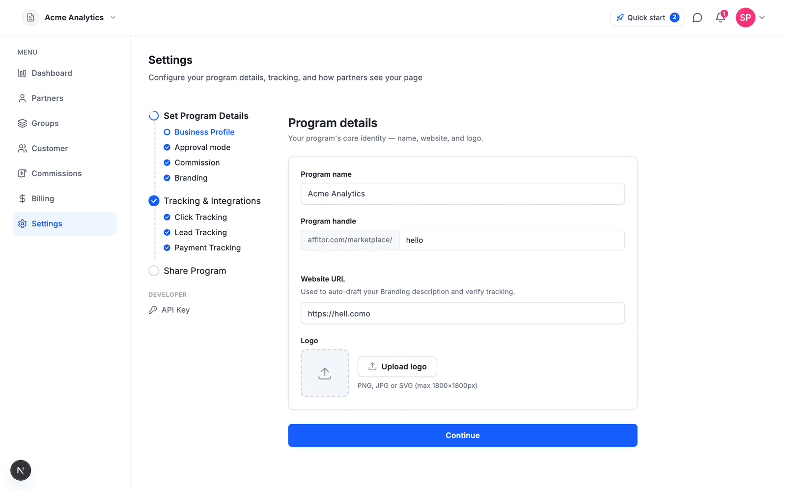 Program Settings — the checklist walks you through details, tracking, and sharing